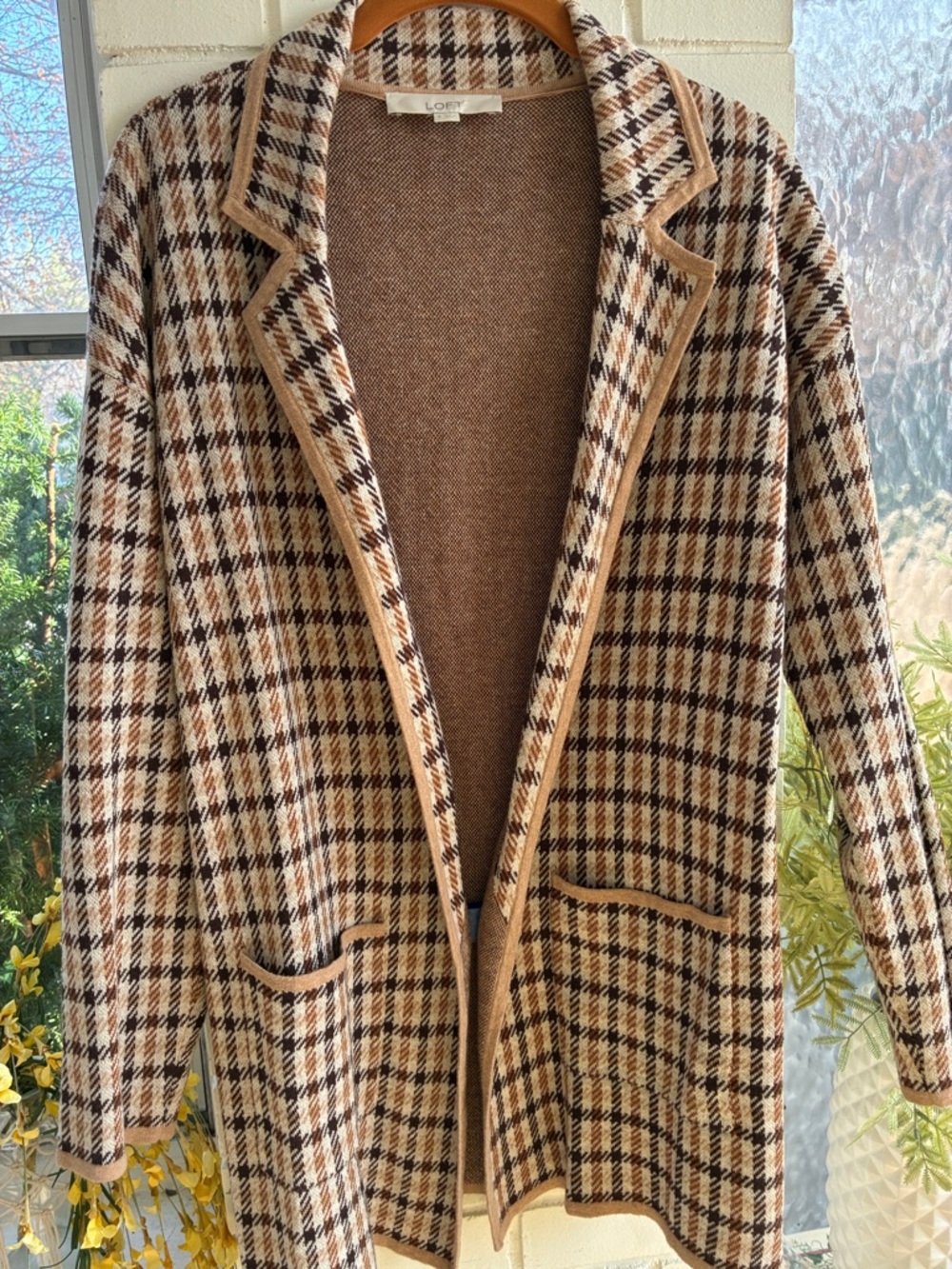 LOFT Brown & Cream Plaid Knit Shirt Jacket